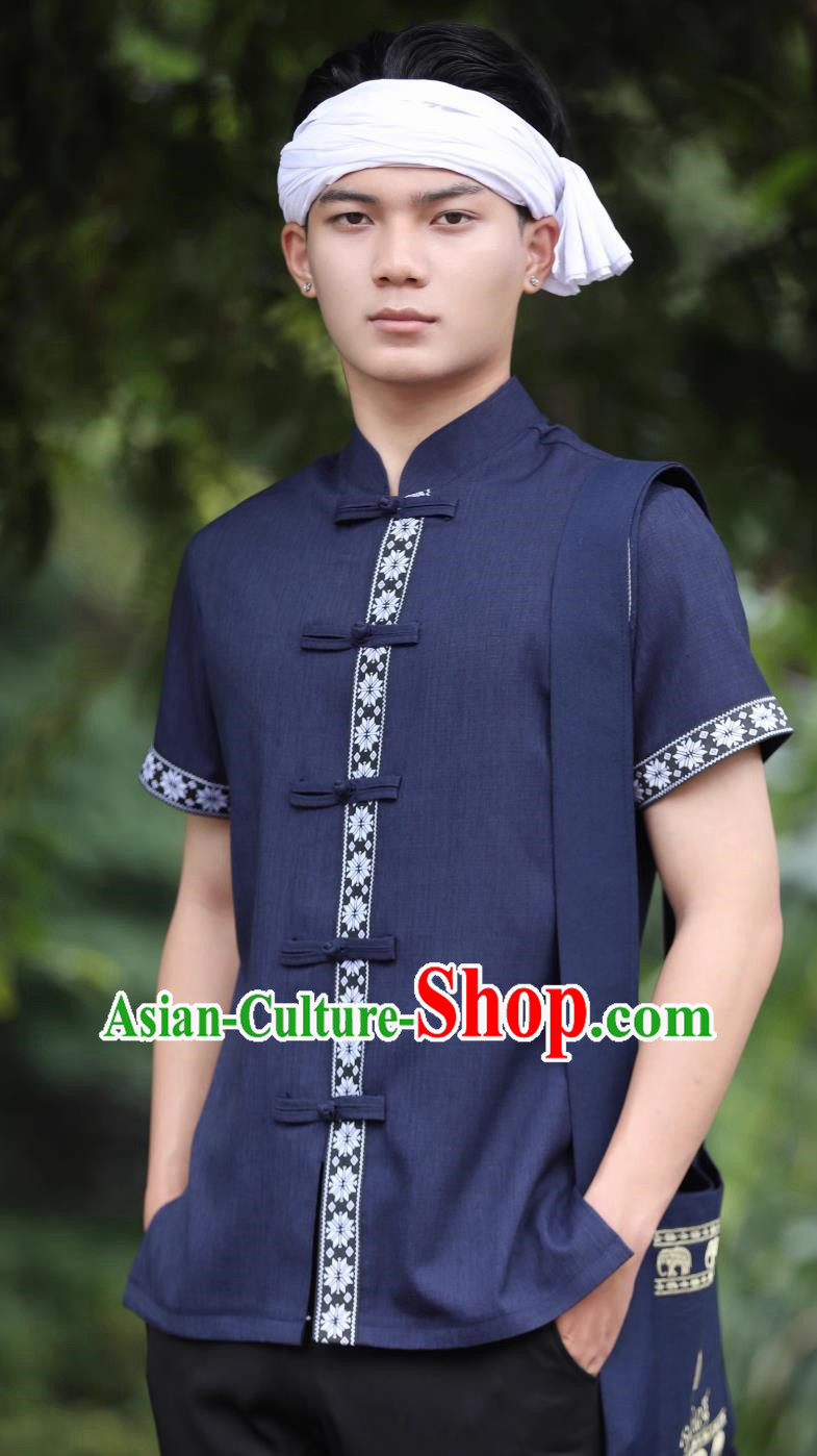 Navy Blue Dai Men Tops Short Sleeved Button Down Shirt Daily Wear