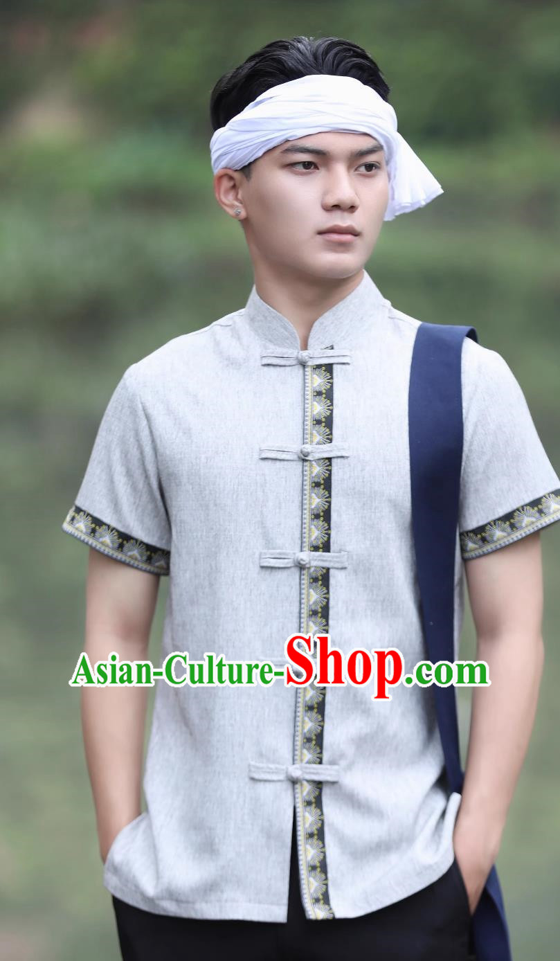 Gray Dai Men Tops Short Sleeved Button Down Shirt Daily Wear