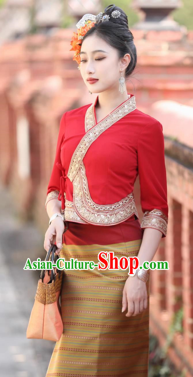 Dai Traditional Clothing Women Red Suit Mid Sleeve Skirt Festival Clothing