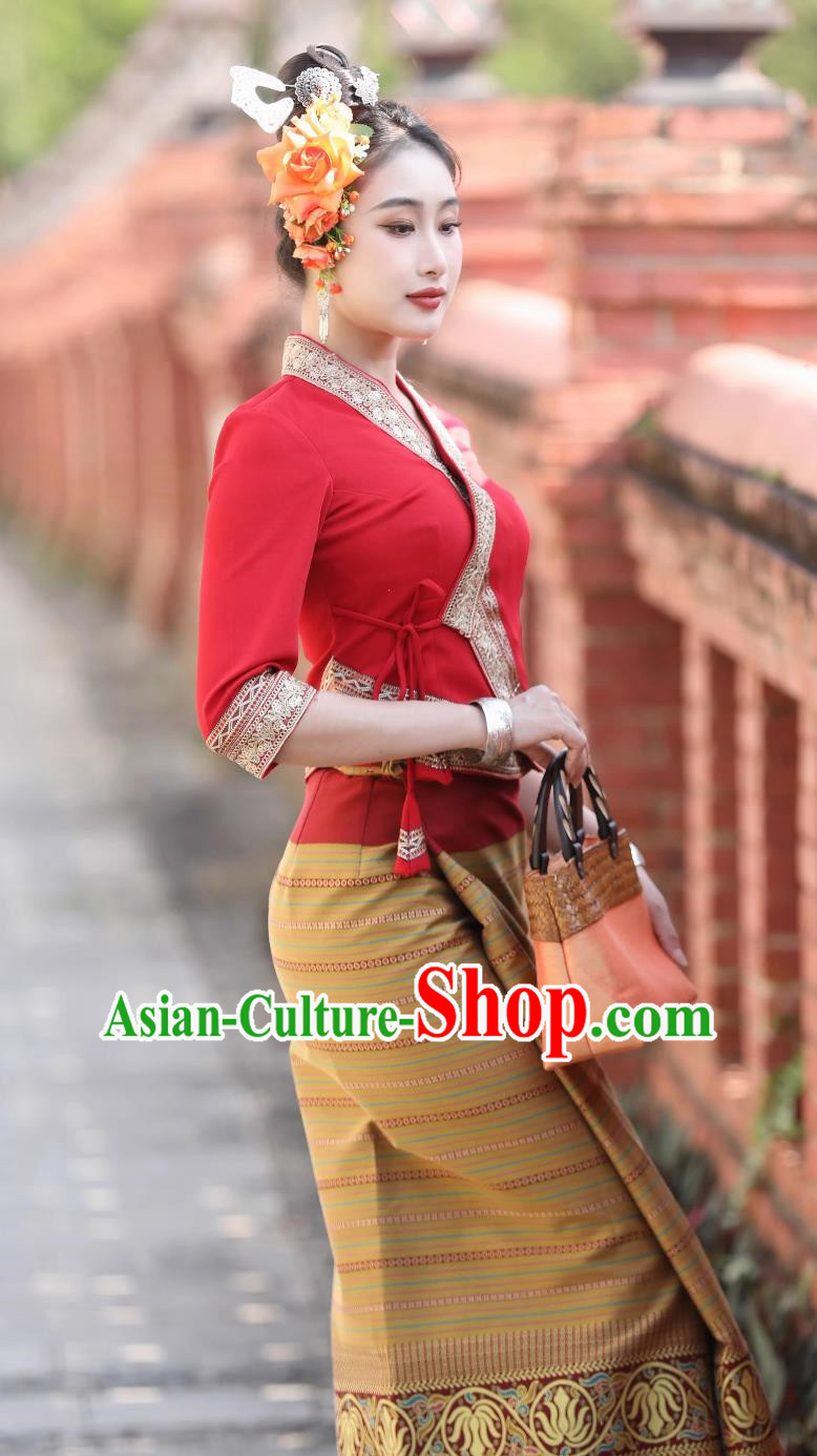 Dai Traditional Clothing Women Red Suit Mid Sleeve Skirt Festival Clothing