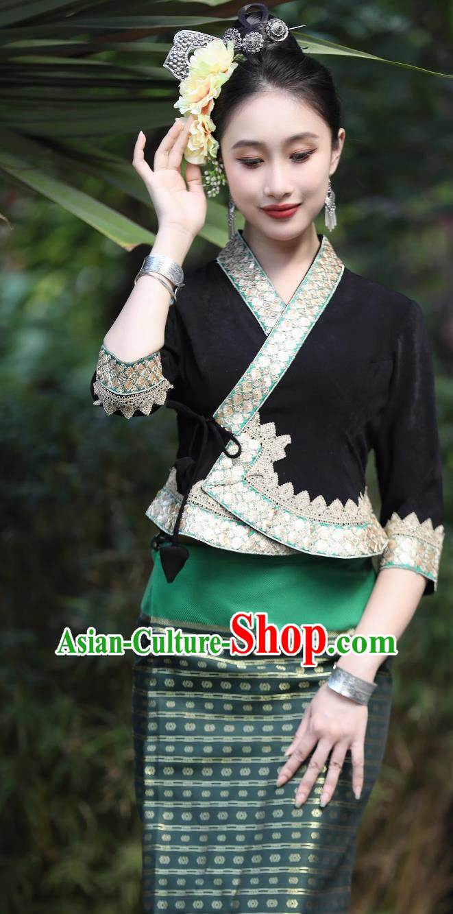 Dai Traditional Clothing Women Black Suit Mid Sleeve Skirt Festival Clothing