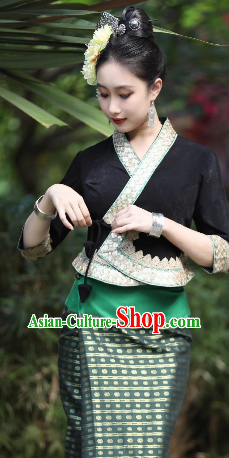 Dai Traditional Clothing Women Black Suit Mid Sleeve Skirt Festival Clothing