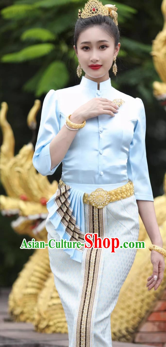 Thai Traditional Clothing For Women Light Blue Suit Stand Collar Puff Sleeves Long Skirt Slim Overalls