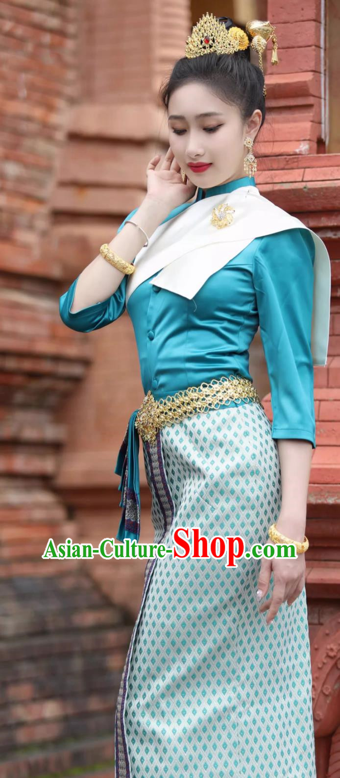 Thai Traditional Clothing Women Lake Blue Suit Stand Collar Puff Sleeve Long Skirt Slim Work Clothes