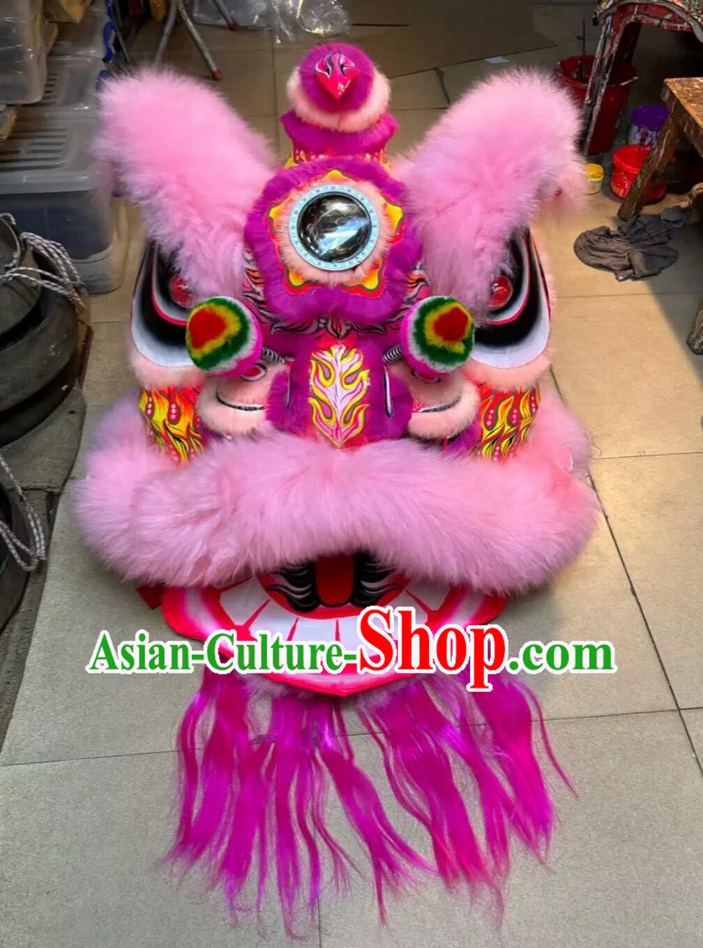 Chinese Dance Lion Professional Dancing Lion Head Handmade Pink Fur Fut San Lion Costumes Complete Set