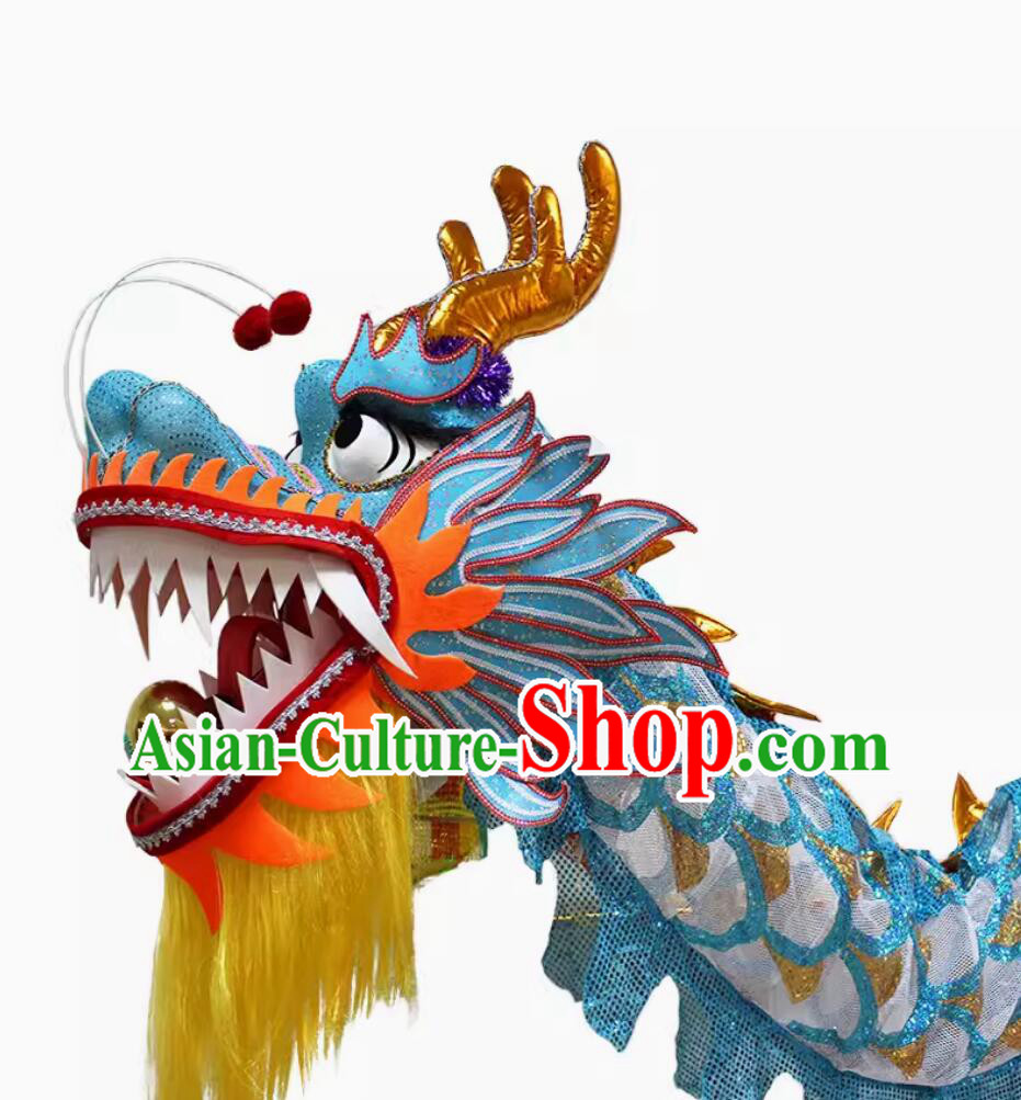 Chinese Celebration Parade Dragon New Year Blue Mesh Dancing Dragon Handmade Dance Dragon Head and Costume Complete Set