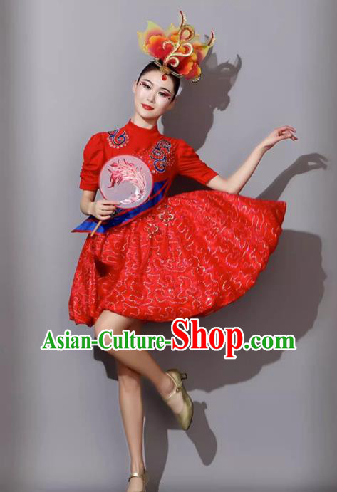 Waist Drum Costume Chinese Drum Dance Performance Clothing Female Fluffy Short Red Dress