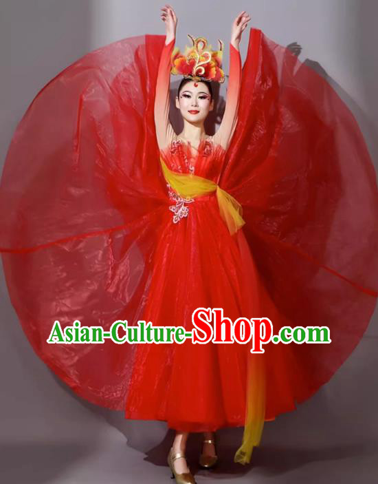 Chinese in the Lights Dance Costume Red Chorus Clothing Opening Dance Female Modern Dance Red Long Dress