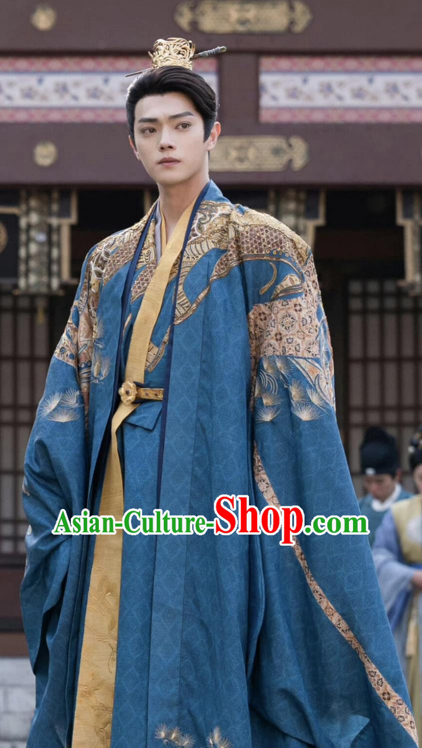 China Traditional Male Clothing Chinese Ancient Emperor Costumes TV Series Wonderland of Love Prince Li Yi Blue Outfit