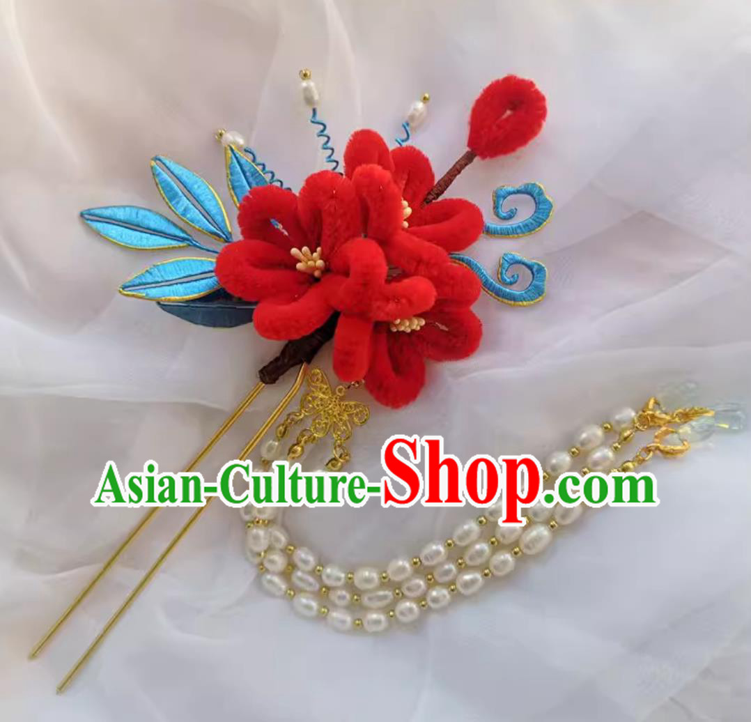 Handmade Velvet Flower Hairpin Wrapped Flowers Hanfu Hair Stick Chinese Pearl Tassel Bu Yao Step Shaking Headpiece Hair Jewelry