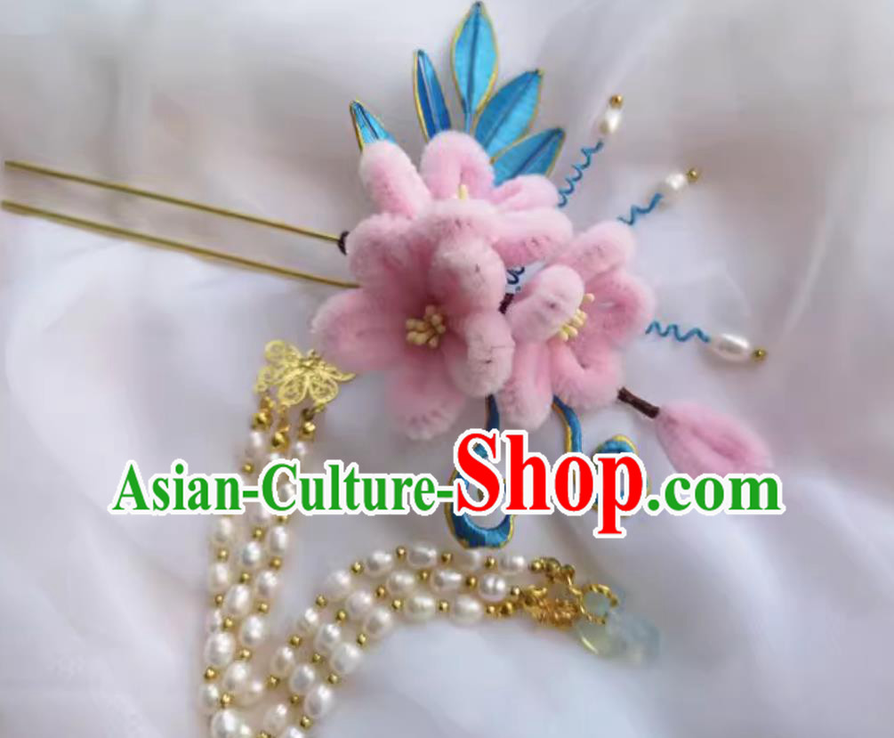 Chinese Pearl Tassel Bu Yao Step Shaking Headpiece Handmade Hair Jewelry Pink Velvet Flower Hairpin Wrapped Flowers Hanfu Hair Stick