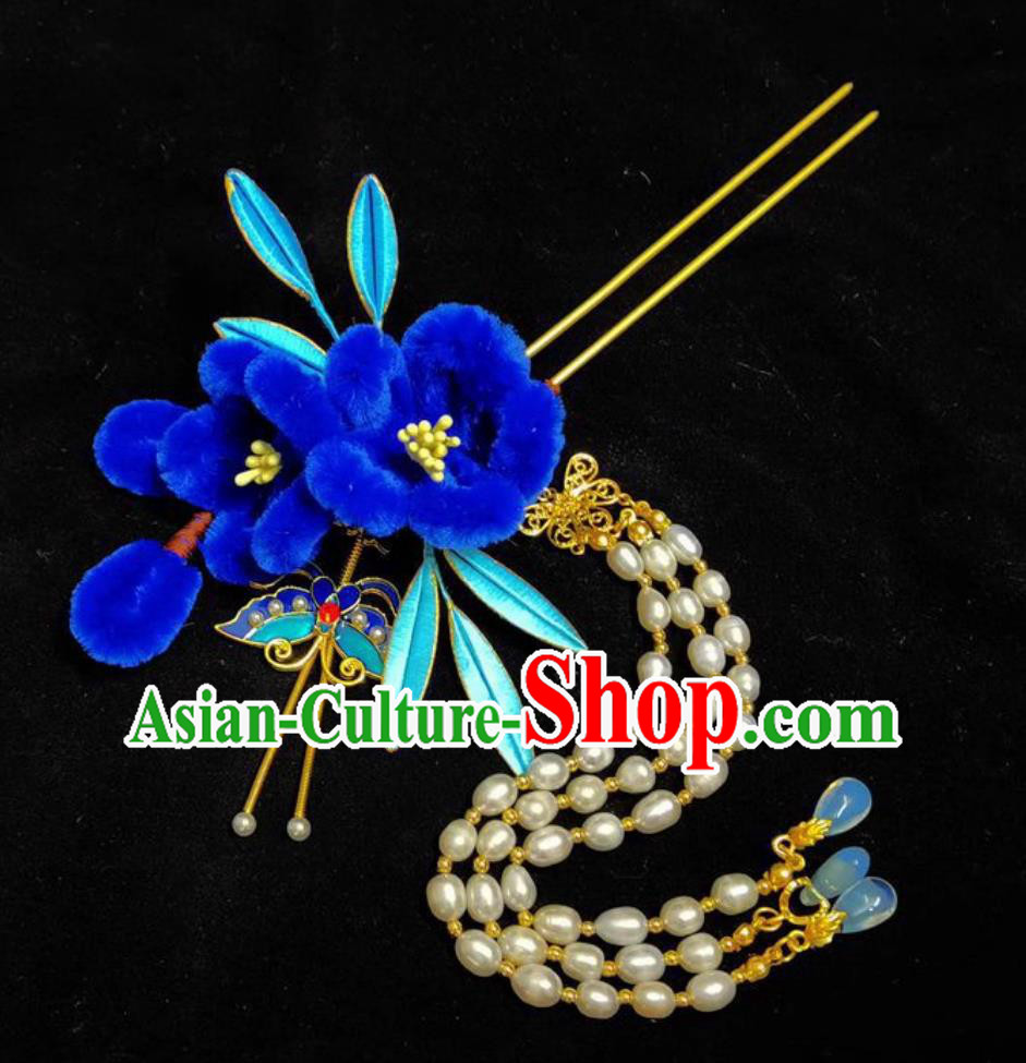 Chinese Hanfu Wrapped Flowers Hair Stick Pearl Tassel Bu Yao Step Shaking Headpiece Handmade Hair Jewelry Royal Blue Velvet Flower Hairpin