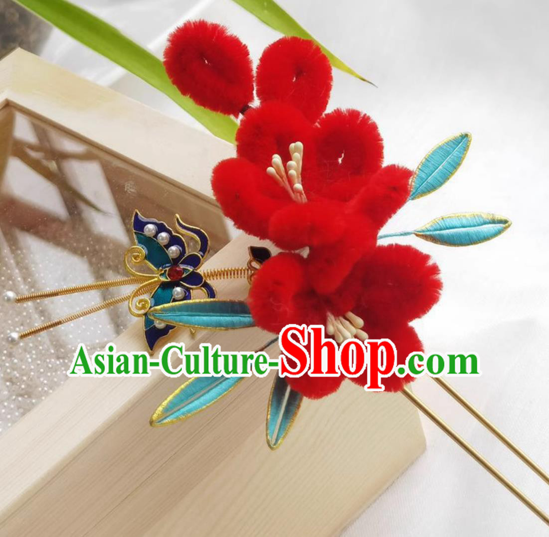 Chinese Hanfu Red Velvet Flower Hairpin Wrapped Plum Blossom Hair Stick Traditional Headpiece Handmade Hair Jewelry