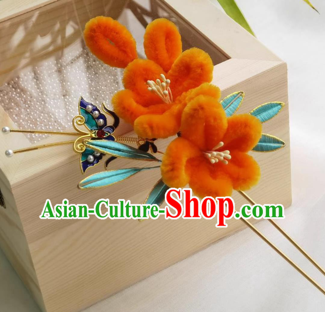Chinese Hanfu Orange Velvet Flower Hairpin Wrapped Plum Blossom Hair Stick Traditional Headpiece Handmade Hair Jewelry