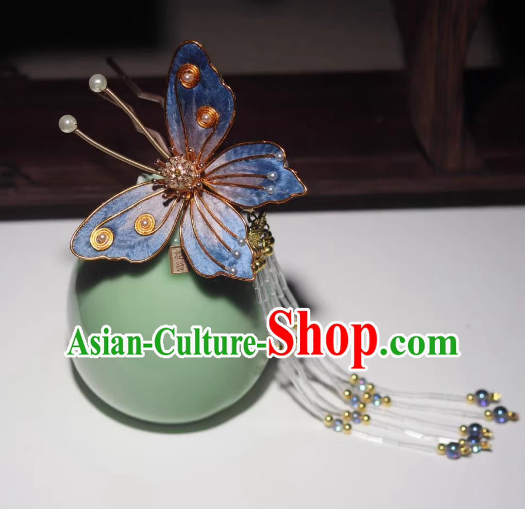 Handmade Blue Butterfly Hairpin Intangible Cultural Heritage Velvet Flower Bu Yao Tassel Step Shake Chinese Ancient Hair Jewelry Ming Dynasty Hanfu Headpiece Decoration