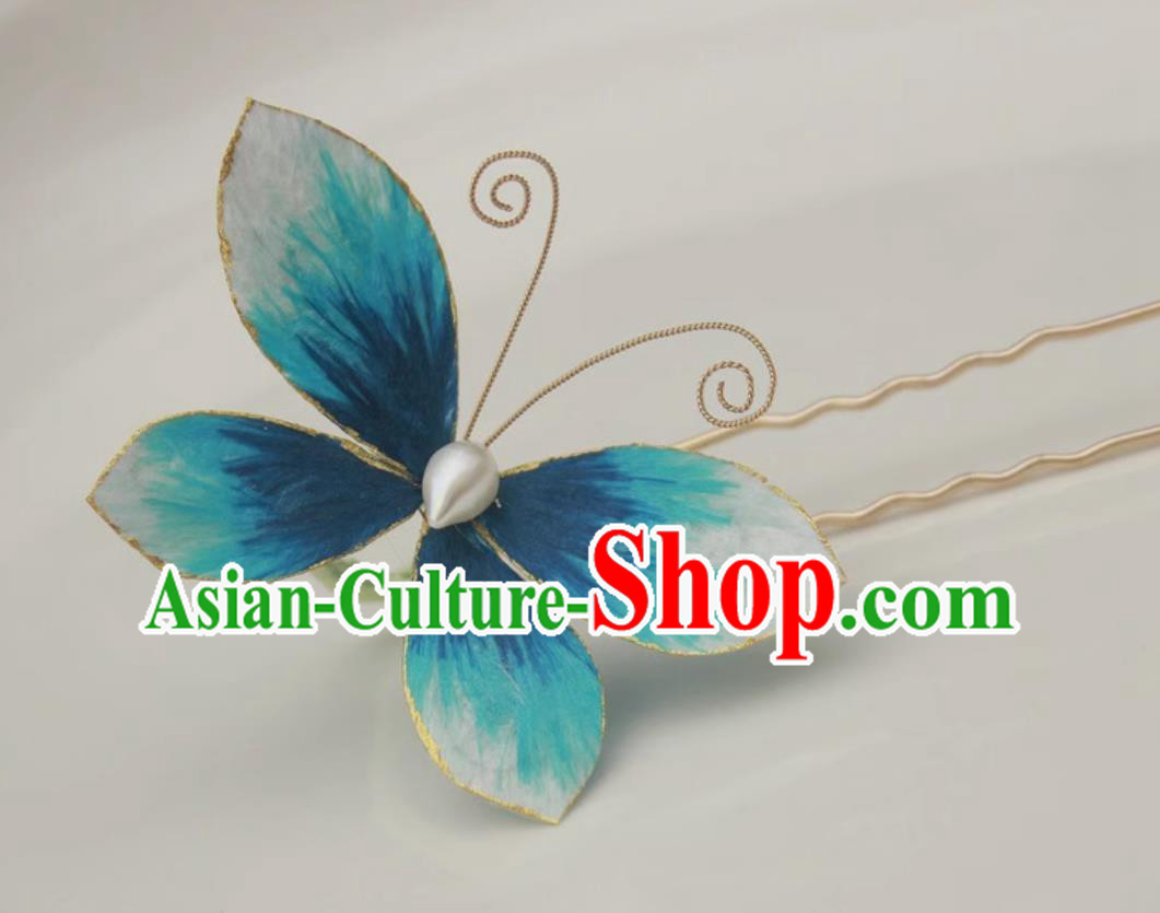 Handmade Hair Clip Chinese Qipao Headpiece Hanfu Hair Accessory Intangible Cultural Heritage Velvet Silk Blue Butterfly Hairpin