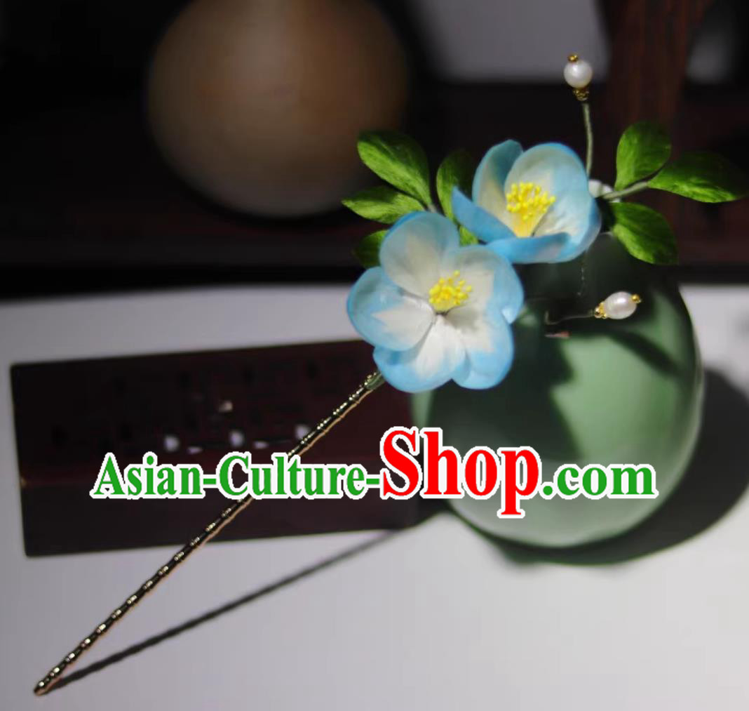 Chinese Qipao Ancient Hair Jewelry Intangible Cultural Heritage Silk Velvet Flower Hair Stick Handmade Blue Plum Hairpin Hanfu Headwear