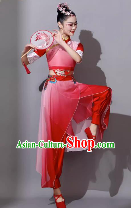 Female Jiaozhou Fan Dance Umbrella Dance Red Outfit China Classical Dance Clothing Yangge Dance Performance Costume