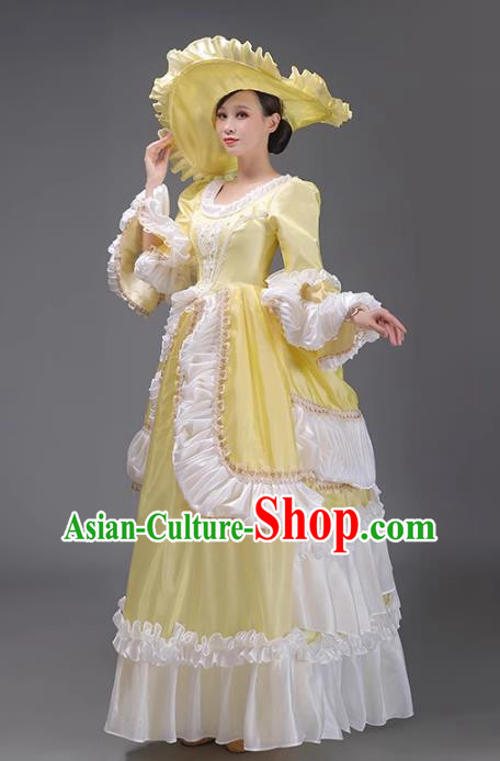 French Rococo Retro Style Princess Costume European Medieval Drama Show Yellow Long Dress Court Garment