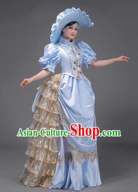 Medieval Aristocratic Princess Clothing Baroque Stage Play Garment Blue European Court Dress British Retro Costume