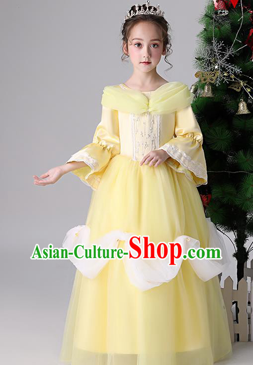 Children Birthday Full Dress Christmas Performance Costume Yellow Long Sleeved Girl Princess Dress