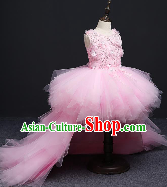 Pink Girl Evening Dress Princess Clothing Children Model Runway Piano Performance Costume Girl Birthday Host Trailing Dress