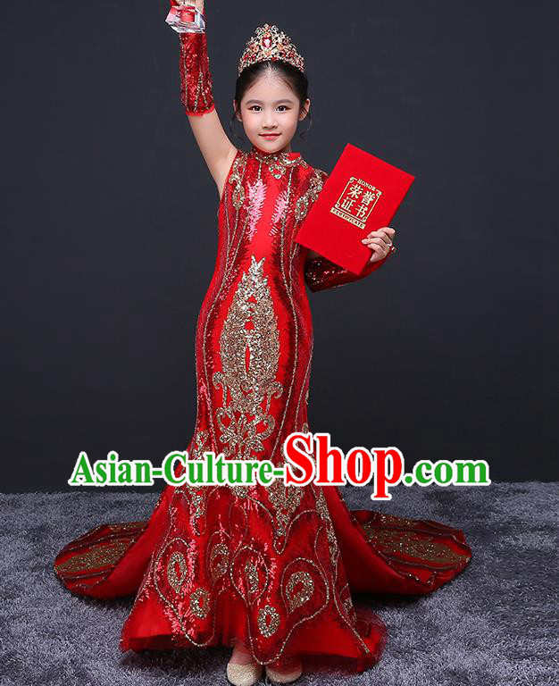 Red Children Dress Top Model Runway Evening Dress Sequined Fish Tail Costume China Spring Festival Gala Performance Clothing