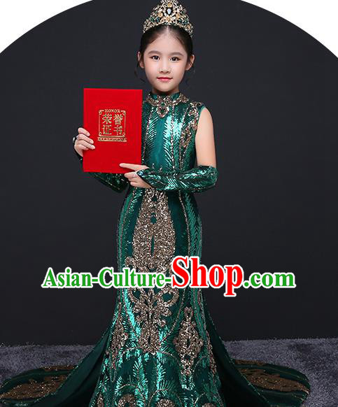 China Spring Festival Gala Performance Clothing Green Children Dress Top Model Runway Evening Dress Sequined Fish Tail Costume