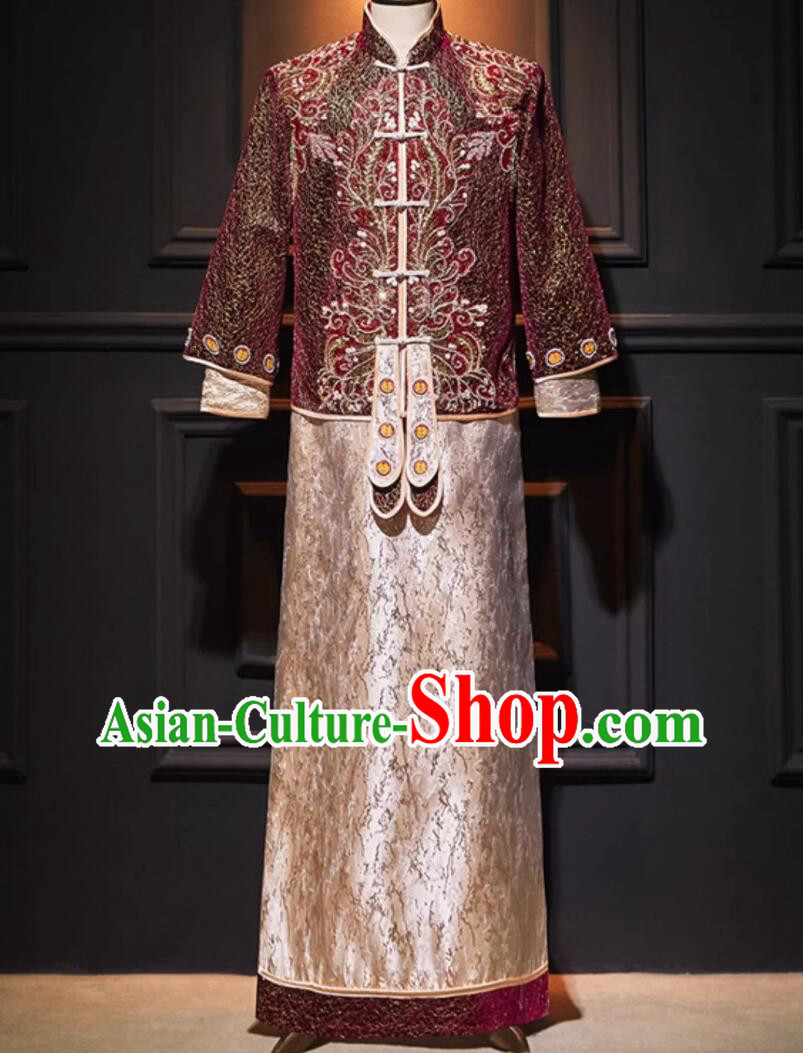 Chinese Ancient Groom Clothing Traditional Wedding Male Outfit Tang Suit Embroidered Mandarin Jacket and Long Robe Complete Set