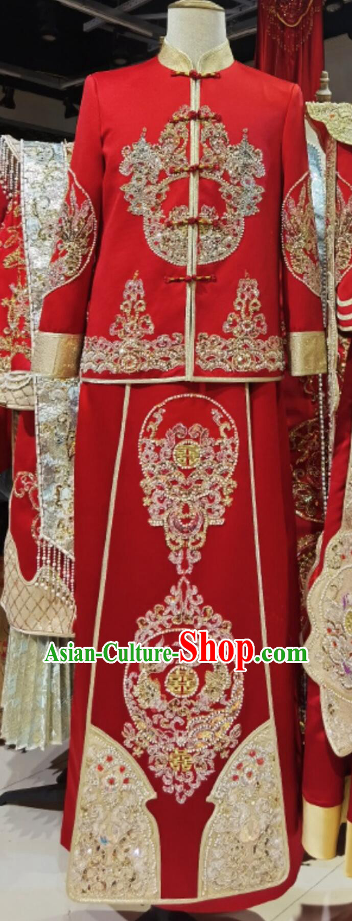 Chinese Tang Suit Embroidered Beads Mandarin Jacket and Long Robe Ancient Groom Clothing Traditional Wedding Male Outfit