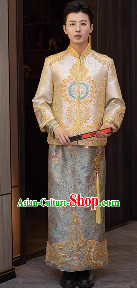 Chinese Traditional Wedding Attire Groom Mandarin Jacket and Long Gown Complete Set