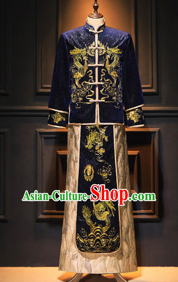 Chinese Tang Suit Traditional Wedding Attire Groom Dark Blue Mandarin Jacket and Long Gown Complete Set