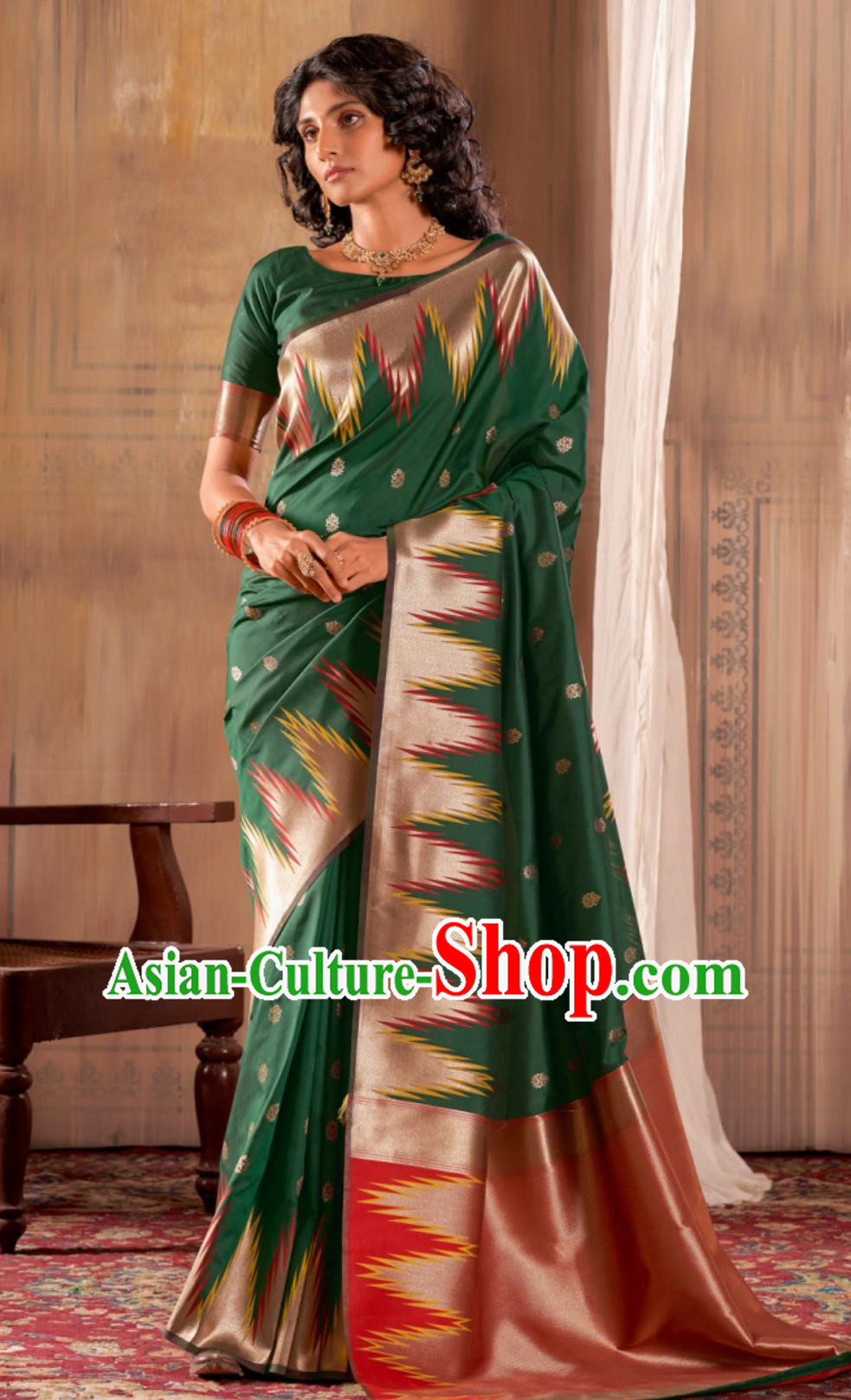Indian Traditional Court Women Deep Green Sari Dress National Clothing India Festival Fashion
