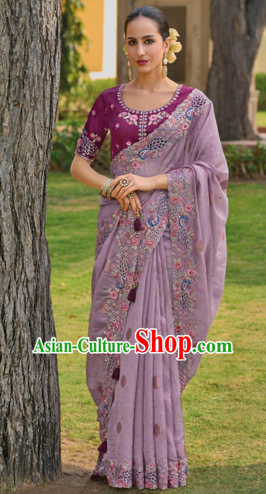 India National Clothing Indian Traditional Festival Fashion Women Embroidered Violet Sari Dress