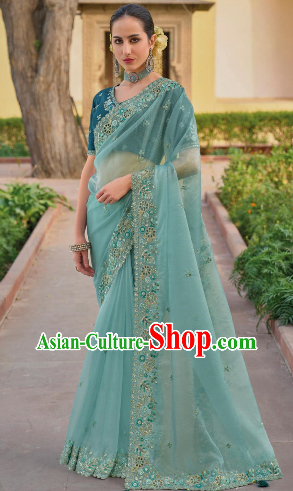 India Traditional Sari National Clothing Indian Festival Costume Women Embroidered Light Blue Saree Dress