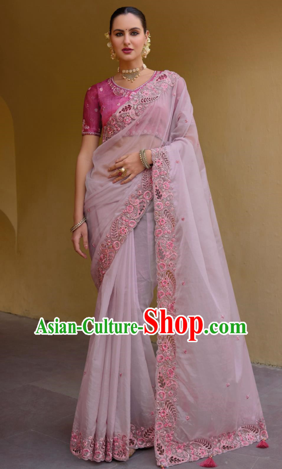 Indian Festival Costume Women Embroidered Pink Saree Dress Traditional Sari India National Clothing