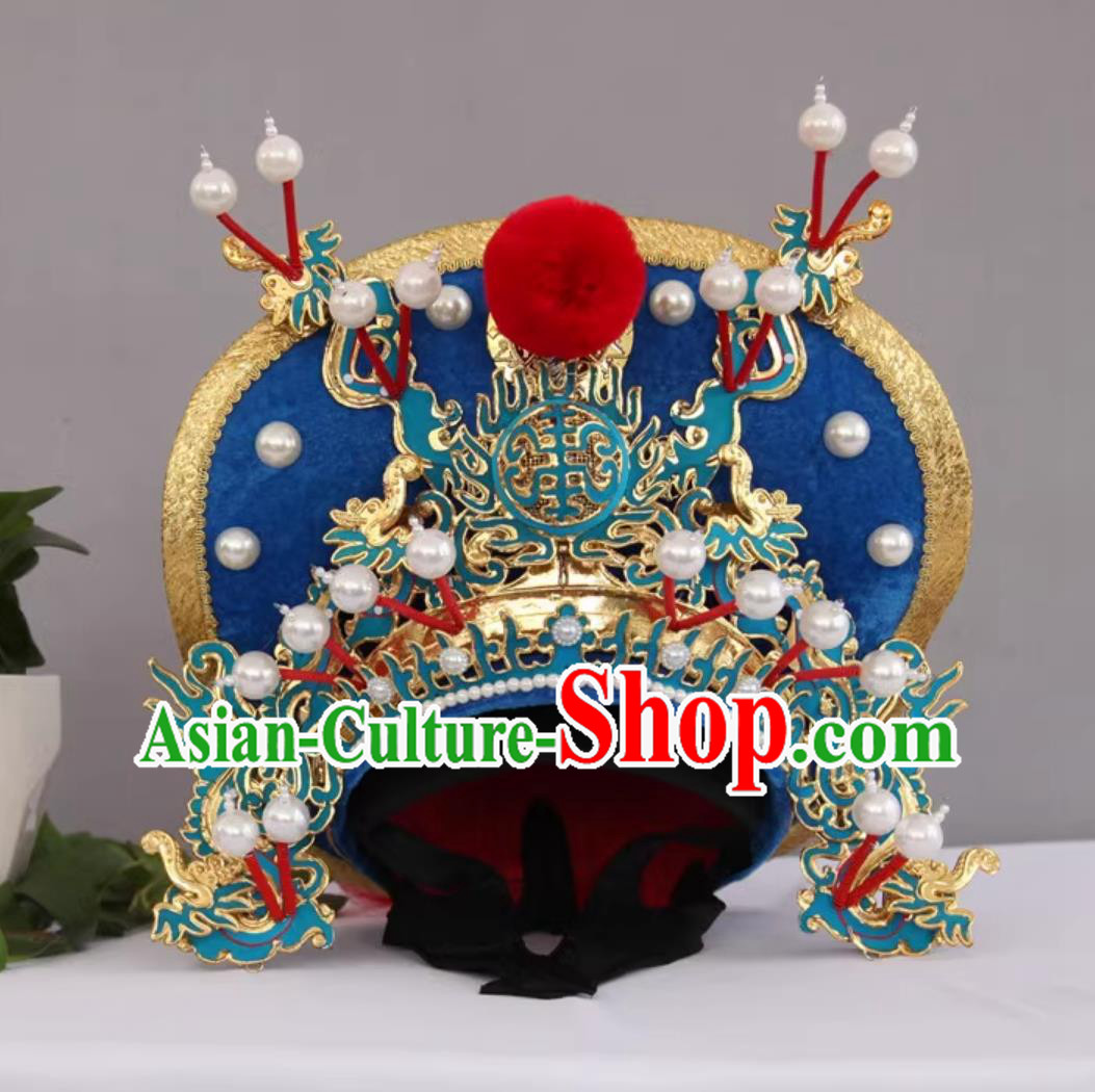 Royal Blue China Sichuan Opera Face Changing Hat Bian Lian Performance Headwear Handmade Magic Show Marshal Helmet