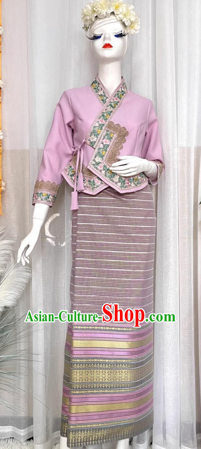 Thailand Traditional Pink Shirt and Skirt China Dai Ethnic Water Splashing Festival Set Xishuangbanna National Minority Clothing