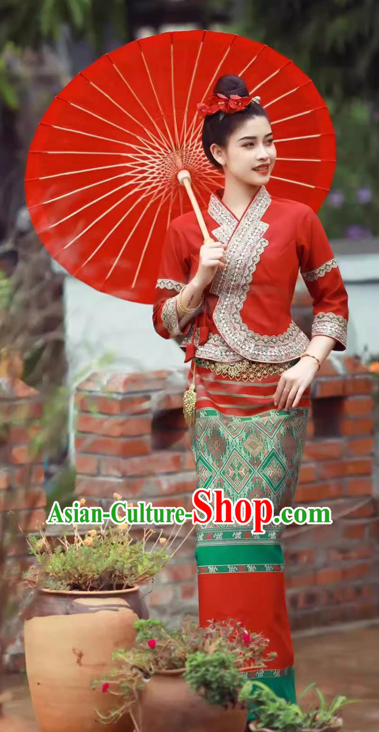 China Dai Ethnic Bride Wedding Dress Xishuangbanna Festival Clothing Thailand Traditional Red Shirt and Skirt