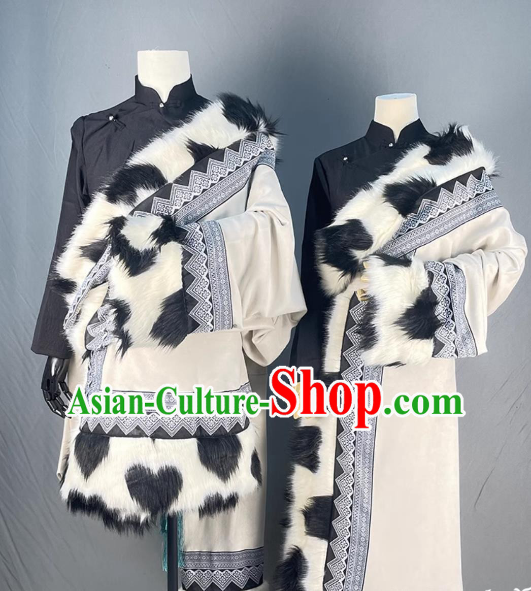 China Zang Nationality Winter Woman and Man Costumes Xizang Ethnic Stage Performance Clothing Tibetan Couple Robes