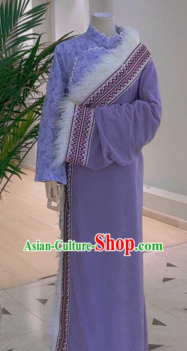 China Purple Tibetan Robe Zang Nationality Woman Costume Xizang Ethnic Performance Clothing