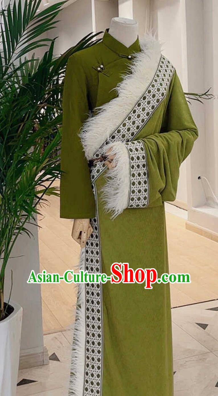 China Xizang Ethnic Performance Clothing Green Tibetan Robe Zang Nationality Woman Costume