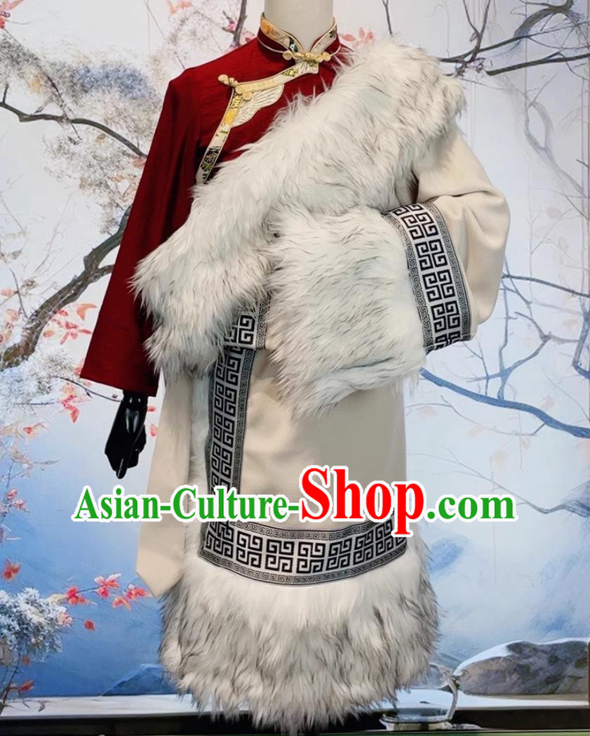 China Zang Nationality Male Costume Xizang Ethnic Stage Performance Clothing Handmade Winter Tibetan Robe