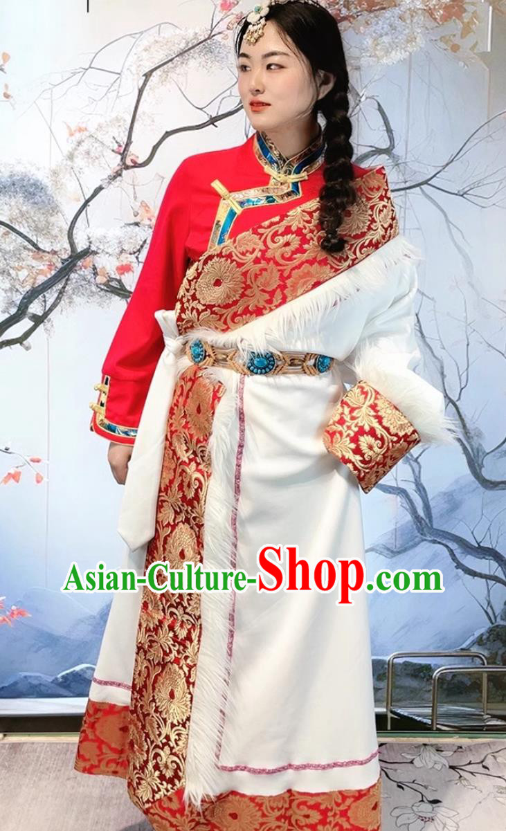 China Tibetan Robe Zang Nationality Woman Wedding Costume Xizang Ethnic Stage Performance Clothing
