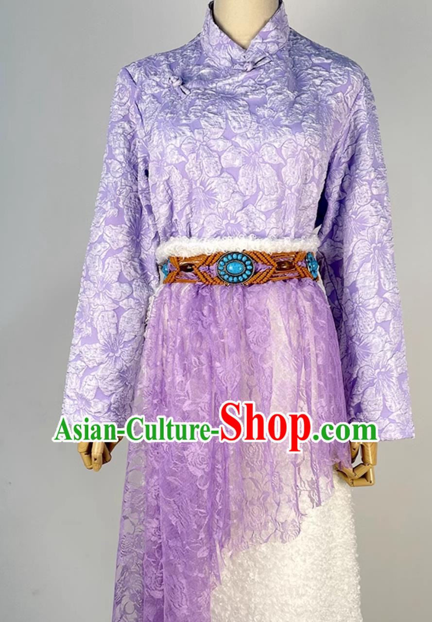 China Zang Nationality Folk Dance Costume Xizang Ethnic Woman Clothing Stage Performance Purple Tibetan Suit
