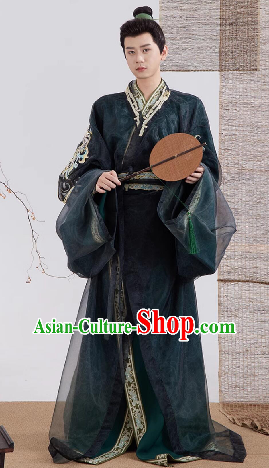 Ancient China Royal Prince Costume Chinese Jin Dynasty Swordsman Dark Green Robe Traditional Male Hanfu