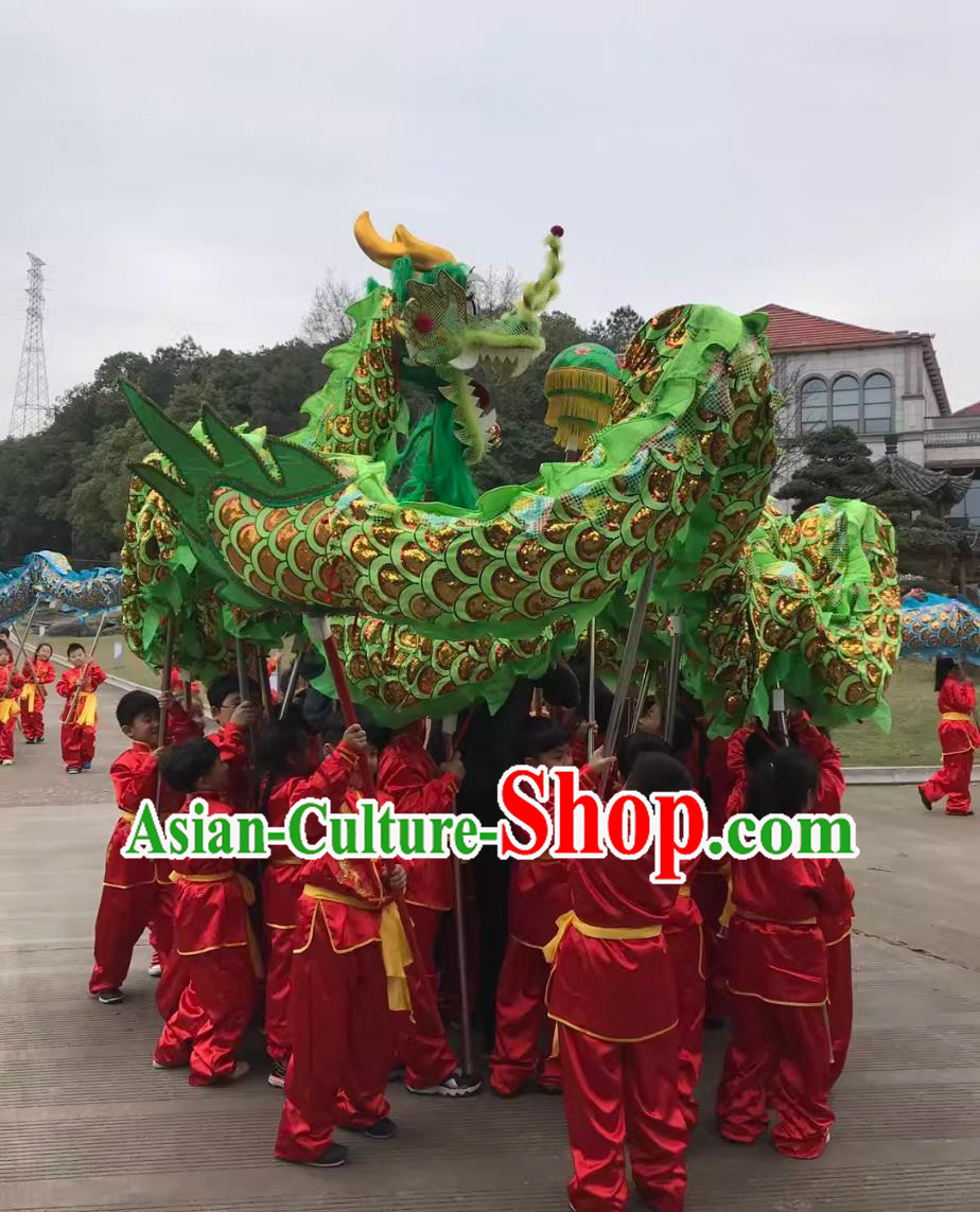 Green Chinese Traditional Dancing Dragon New Year Handmade Dance Dragon Head and Body Costume Complete Set for Kids