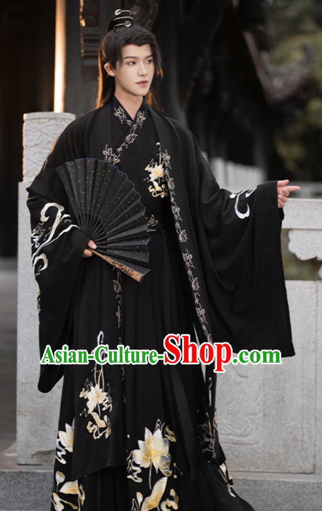 China Jin Dynasty Swordsman Clothing Ancient Chinese Young Man Costume Traditional Hanfu Black Outfit for Male