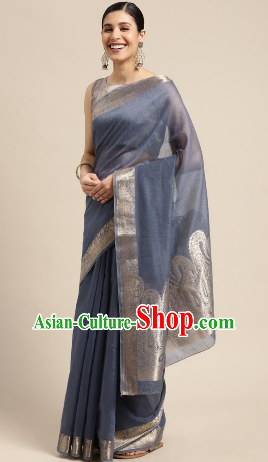 Indian National Clothing Traditional Festival Dusty Blue Sari Dress India Woman Costume