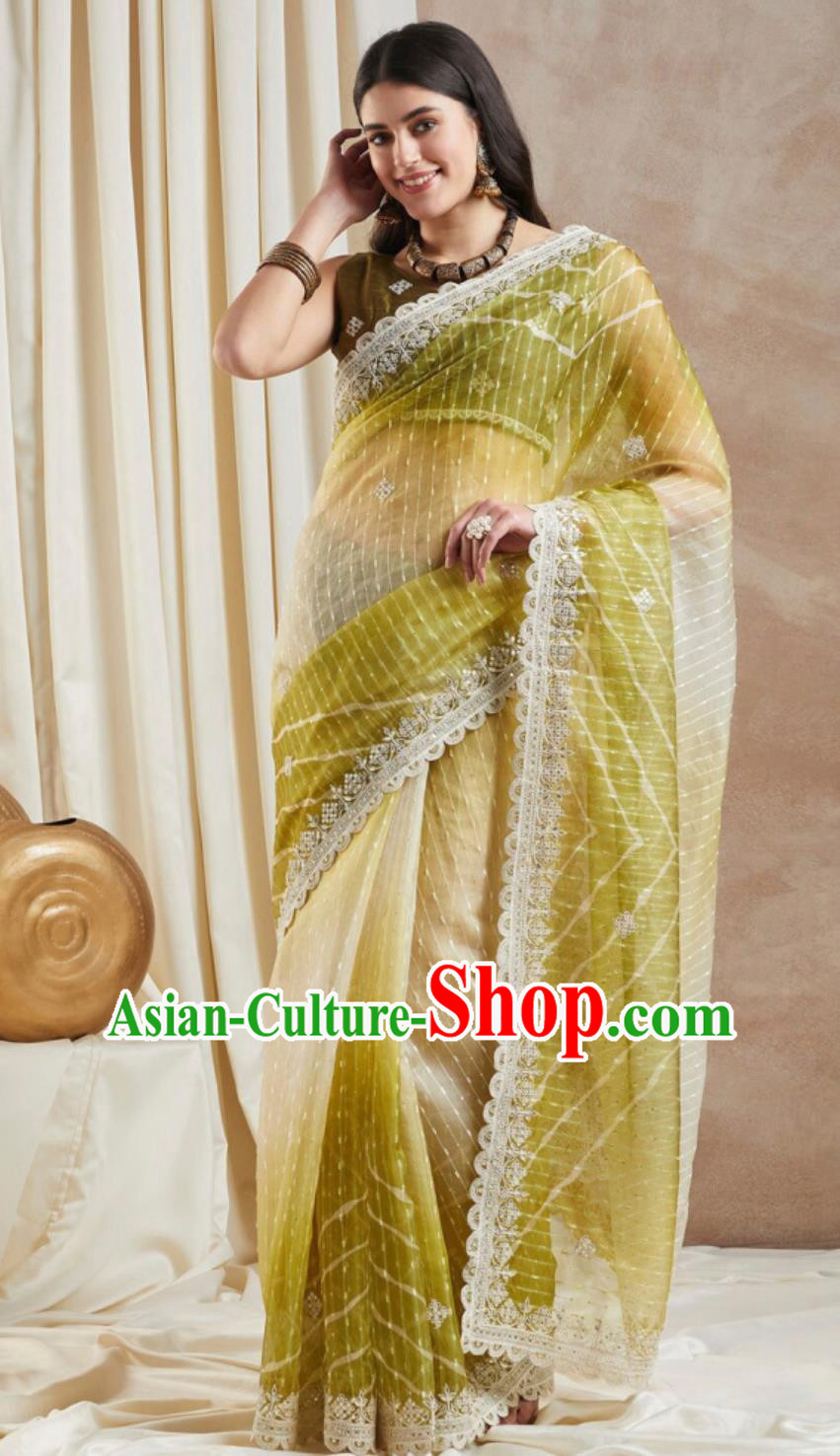 India Woman Embroidery Costume Indian National Clothing Traditional Festival Mustard Sari Dress
